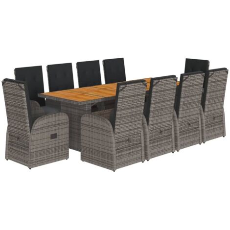 vidaXL Gartenmöbelset 11-teilig mit grauen Poly-Rattan-Kissen