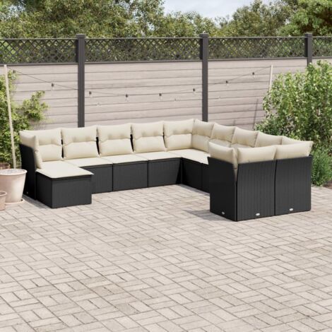 vidaXL Gartenmöbelset 11-teilig mit Kissen Schwarz Rattangeflecht