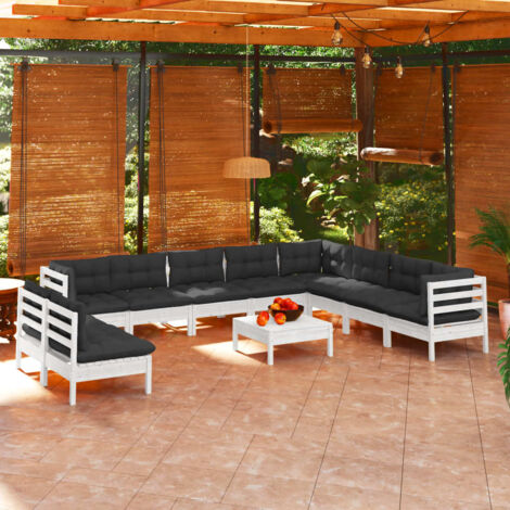 vidaXL Gartenmöbelset 11-teilig mit Kissen Weiß Kiefernholz massiv