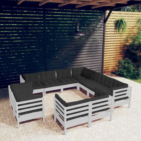 vidaXL Gartenmöbelset 11-teilig mit Kissen Weiß Kiefernholz massiv