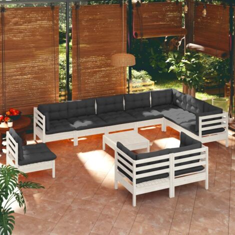 vidaXL Gartenmöbelset 11 Teilig mit weißen Kissen aus massivem Kiefernholz
