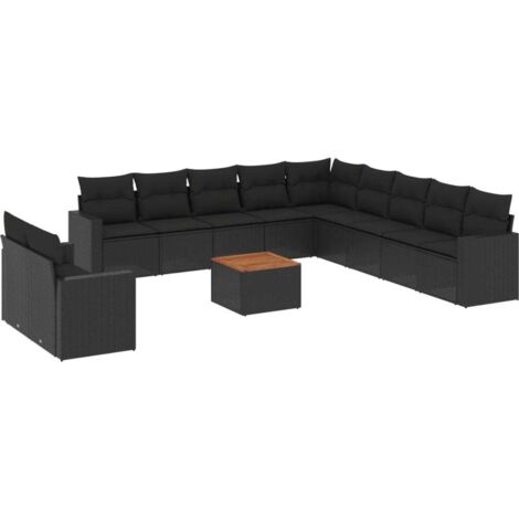 vidaXL Gartenmöbelset 12-teilig mit Kissen schwarz Rattangeflecht