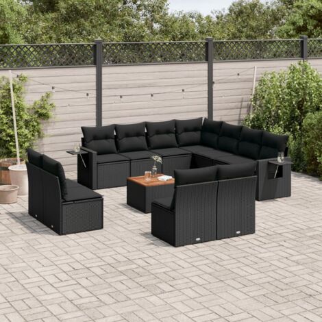 vidaXL Gartenmöbelset 12-teilig mit schwarzen Polstern aus geflechtetem Kunststoff