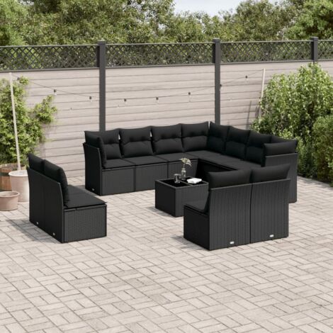 vidaXL Gartenmöbelset 12-tlg. mit Kissen Schwarz Geflecht