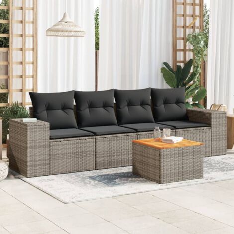vidaXL Gartenmöbelset 5-teilig mit grauen Kissen aus geflochtener Rattan