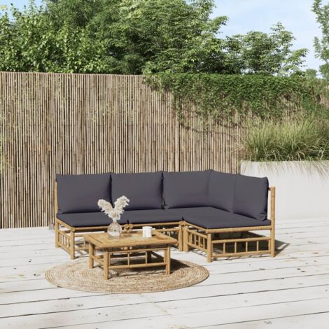 vidaXL Gartenmöbelset 5-tlg. Bambus mit grauen Kissen