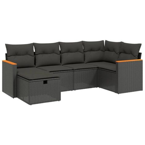 vidaXL Gartenmöbelset 6-teilig mit Kissen schwarz geflochtene Rattan