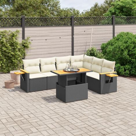 vidaXL Gartenmöbelset 7 Teile mit Kissen Schwarz Geflecht
