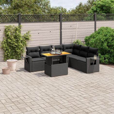 vidaXL Gartenmöbelset 7-teilig mit Kissen Schwarz aus Geflecht
