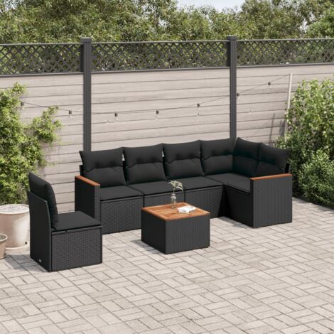 vidaXL Gartenmöbelset 7-teilig mit Kissen Schwarz Geflecht