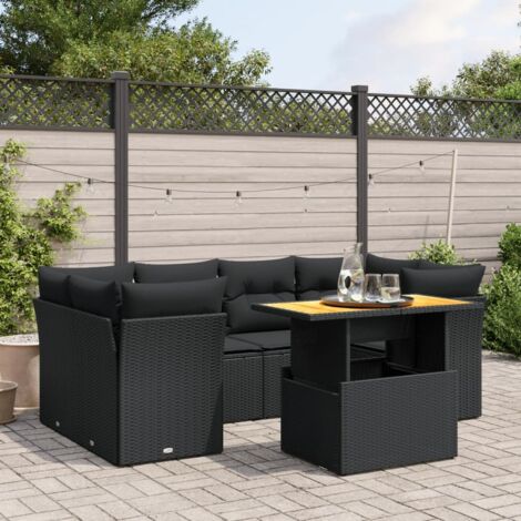 vidaXL Gartenmöbelset 7-teilig mit Kissen Schwarz Geflecht