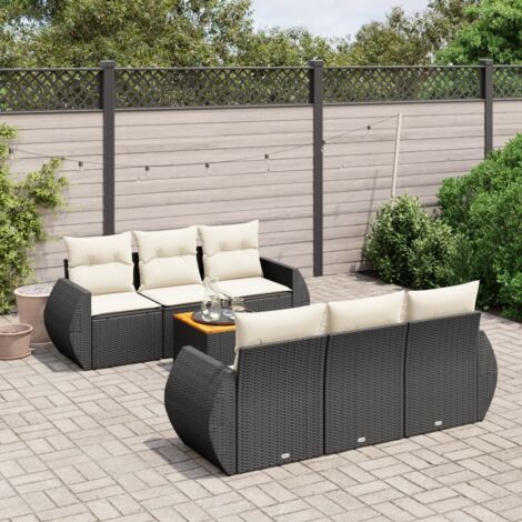 vidaXL Gartenmöbelset 7-teilig mit Kissen schwarz geflochtene Kunstfaser