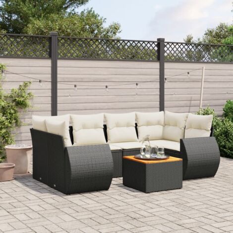 vidaXL Gartenmöbelset 7-teilig mit Kissen Schwarz geflochtene Rattan