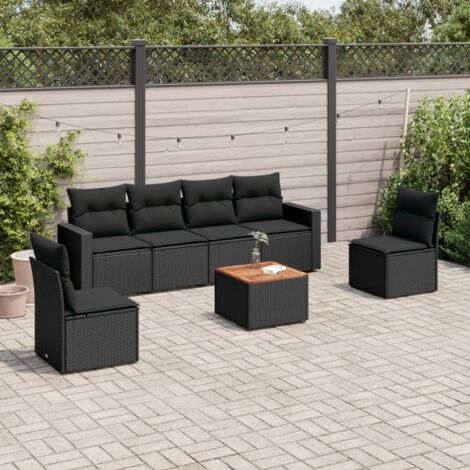 vidaXL Gartenmöbelset 7-teilig mit Kissen Schwarz Geflochtene Rattan