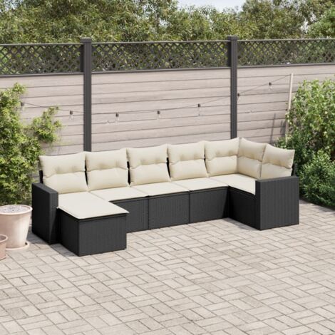 vidaXL Gartenmöbelset 7-teilig mit Kissen Schwarz Rattan