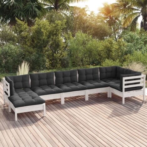 vidaXL Gartenmöbelset 7-teilig mit Kissen Weiß Massivholz Kiefer