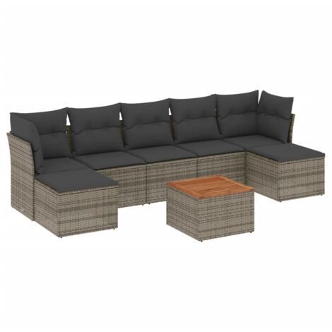 vidaXL Gartenmöbelset 8-teilig mit grauen Kissen aus Geflecht