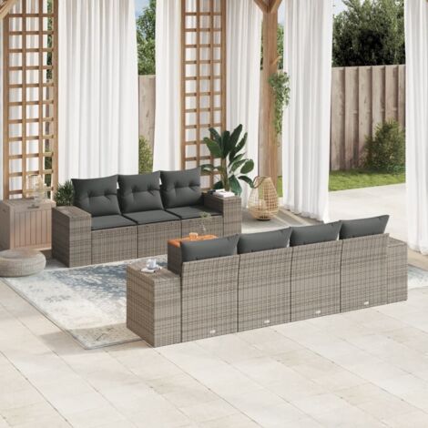 vidaXL Gartenmöbelset 8-teilig mit grauen Kissen aus geflochtenem Kunstharz
