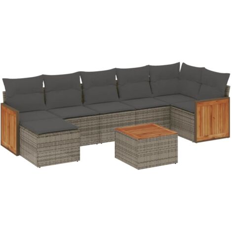 vidaXL Gartenmöbelset 8-teilig mit grauen Kissen aus geflochtenem Kunststoff