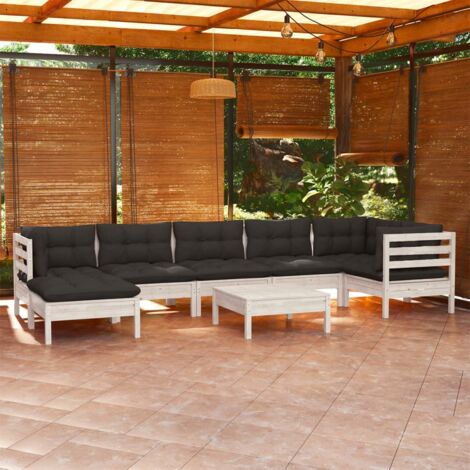 vidaXL Gartenmöbelset 8-teilig mit Kissen weiß, aus massivem Kiefernholz