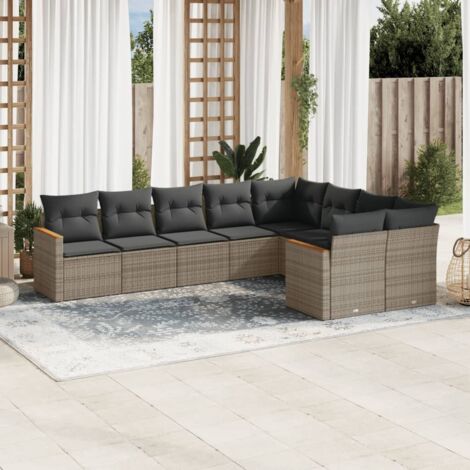 vidaXL Gartenmöbelset 9-teilig mit grauen Kissen aus geflochtenem Kunststoff