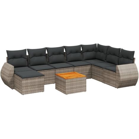 vidaXL Gartenmöbelset 9-teilig mit grauen Kissen aus geflochtener Kunstfaser