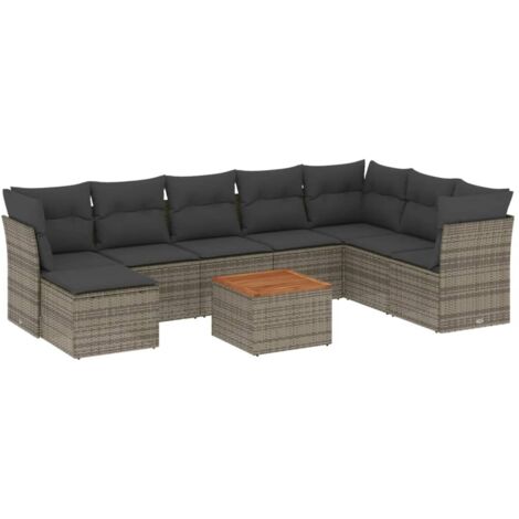 vidaXL Gartenmöbelset 9-teilig mit grauen Kissen aus geflochtener Kunstfaser