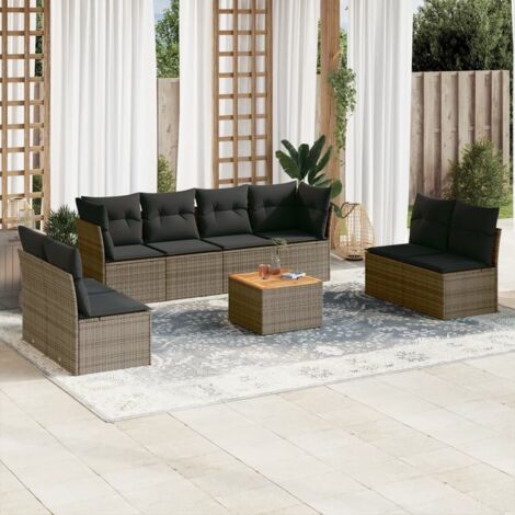 vidaXL Gartenmöbelset 9-teilig mit grauen Kissen aus geflochtener Kunstfaser