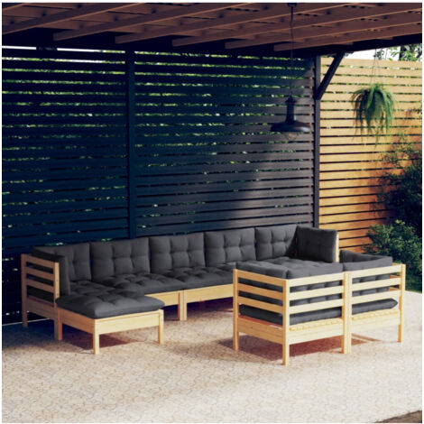 vidaXL Gartenmöbelset 9-teilig mit grauen Kissen aus massivem Kiefernholz