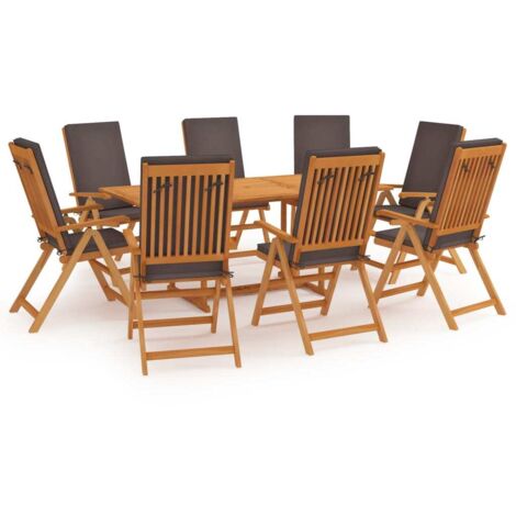 vidaXL Gartenmöbelset 9-teilig mit Kissen Massivholz Teak Grau