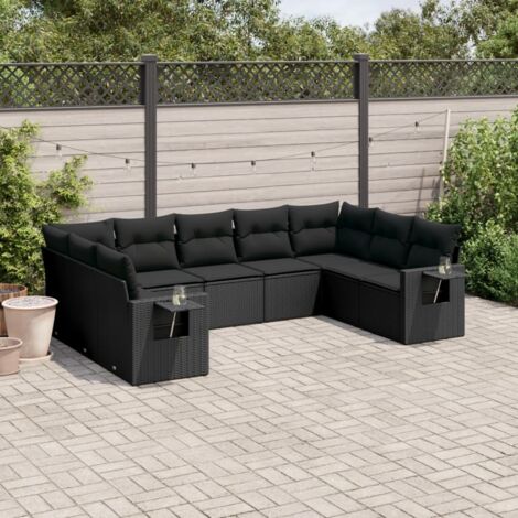 vidaXL Gartenmöbelset 9-teilig mit Kissen Schwarz Geflochtene Rattan