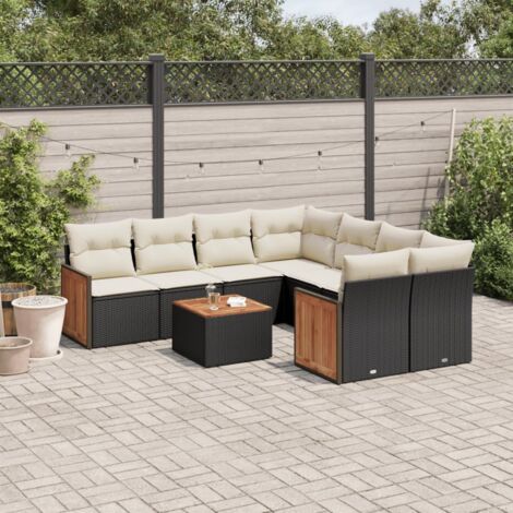 vidaXL Gartenmöbelset 9-teilig mit Kissen Schwarz Geflochtene Rattan