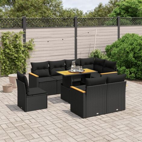 vidaXL Gartenmöbelset 9 Teilig mit Kissen Schwarz Kunststoffgeflecht