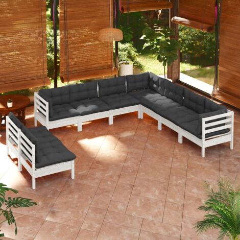 vidaXL Gartenmöbelset 9-teilig mit Kissen Weiß Kiefernholz massiv