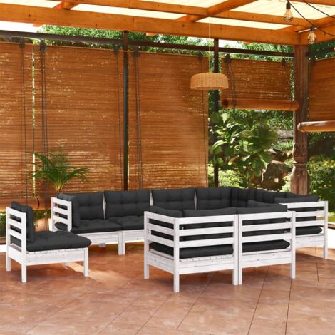 vidaXL Gartenmöbelset 9-teilig mit Kissen Weiß Massivholz Kiefer
