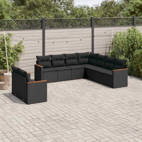 vidaXL Gartenmöbelset 9-teilig mit schwarzen Polstern aus geflochtener Kunststoffrattan