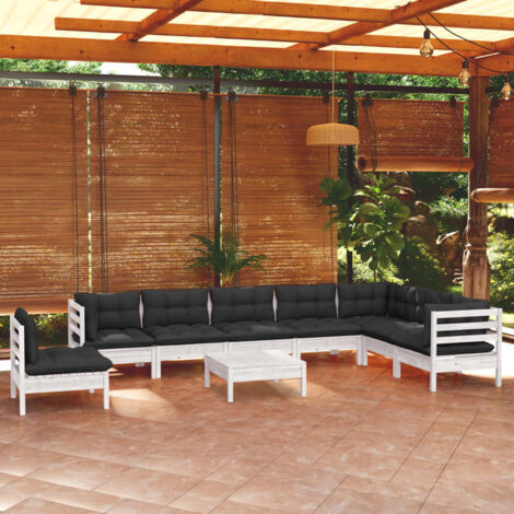 vidaXL Gartenmöbelset 9-teilig mit weißen Kissen aus massivem Kiefernholz
