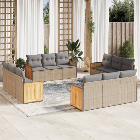 vidaXL Gartenmöbelset mit 12 Kissen beige aus geflochtener Kunstfaser