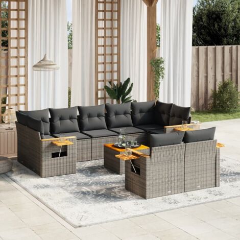 vidaXL Gartenmöbelset mit Kissen 10 Teile grau Geflecht