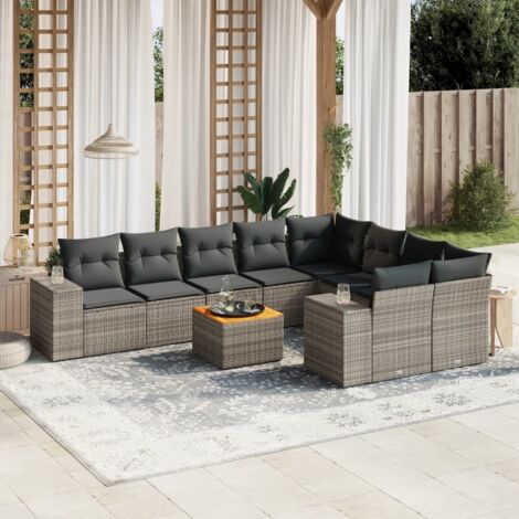 vidaXL Gartenmöbelset mit Kissen 10 Teile grau geflochtene Kunststoff