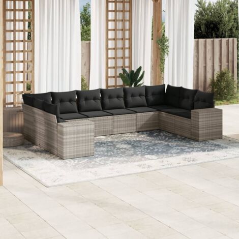 vidaXL Gartenmöbelset mit Kissen 10 Teile Grau Licht Geflochtene Kunststoffe