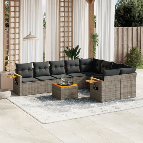 vidaXL Gartenmöbelset mit Kissen 10-teilig Grau Geflecht