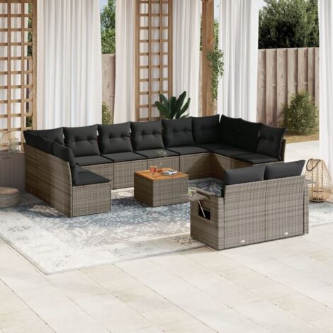 vidaXL Gartenmöbelset mit Kissen 13 Teile grau Geflecht