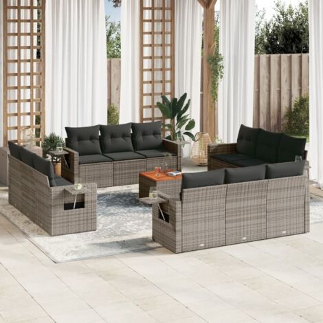 vidaXL Gartenmöbelset mit Kissen 13 Teile grau Rattan