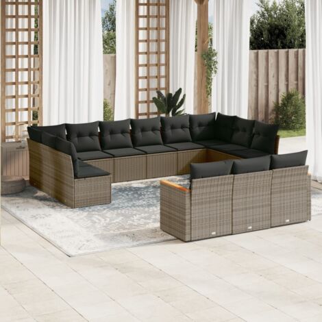 vidaXL Gartenmöbelset mit Kissen 13 Teile grau Rattan