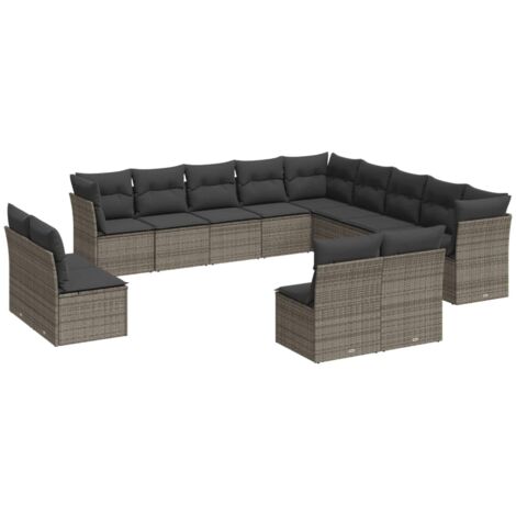 vidaXL Gartenmöbelset mit Kissen 13 Teile grau Rattan-Geflecht