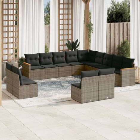 vidaXL Gartenmöbelset mit Kissen 13-teilig Grau Geflecht