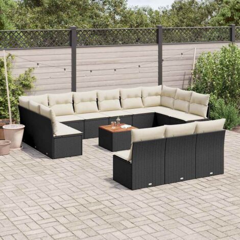 vidaXL Gartenmöbelset mit Kissen 14 Teile Schwarz Geflecht