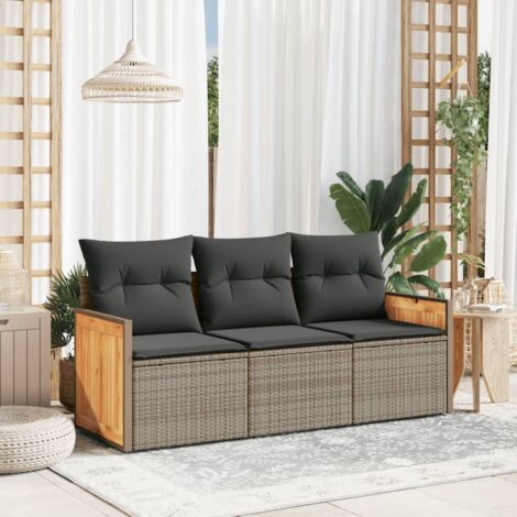 vidaXL Gartenmöbelset mit Kissen 3-teilig grau Rattan