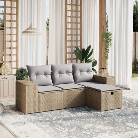 vidaXL Gartenmöbelset mit Kissen 4-teiliges Set beige geflochten